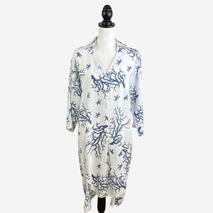 Cristina Vergani Linen Blend Coral Print Dress Hi-Low Size M Italy White Blue